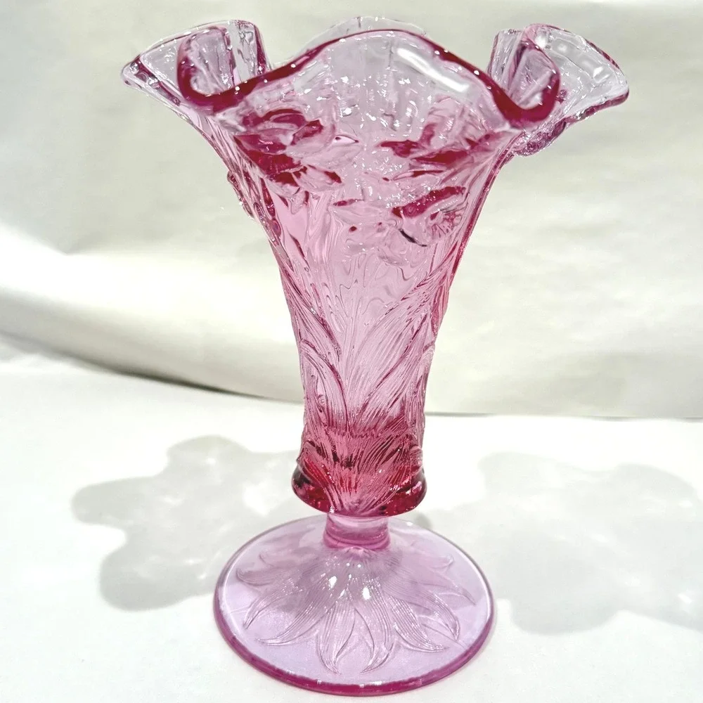 Fenton Empress Rose Pink Glass Vase Daffodil Embossed Ruffled Crimped Footed - Picture 3 of 8
